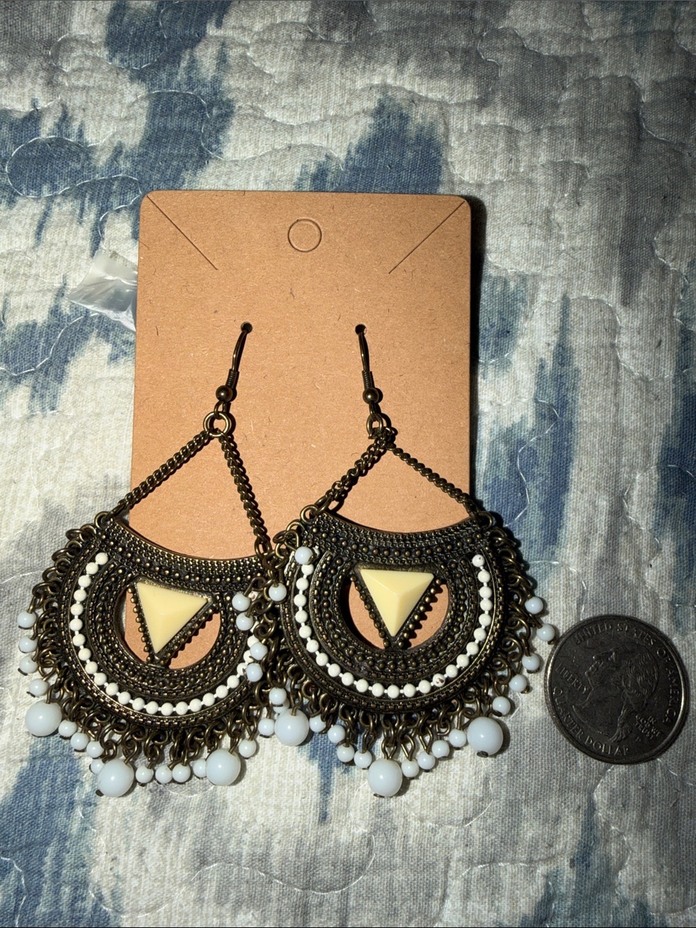 Antique Bronze Filigree Drop Earrings with Cream Accents